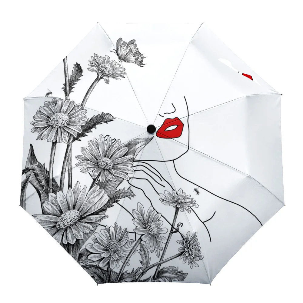 

Flower Daisy Female Line Red Lips Creative Umbrella Rain Women Automatic Three Folding Umbrellas Windproof Parasol Parapluie