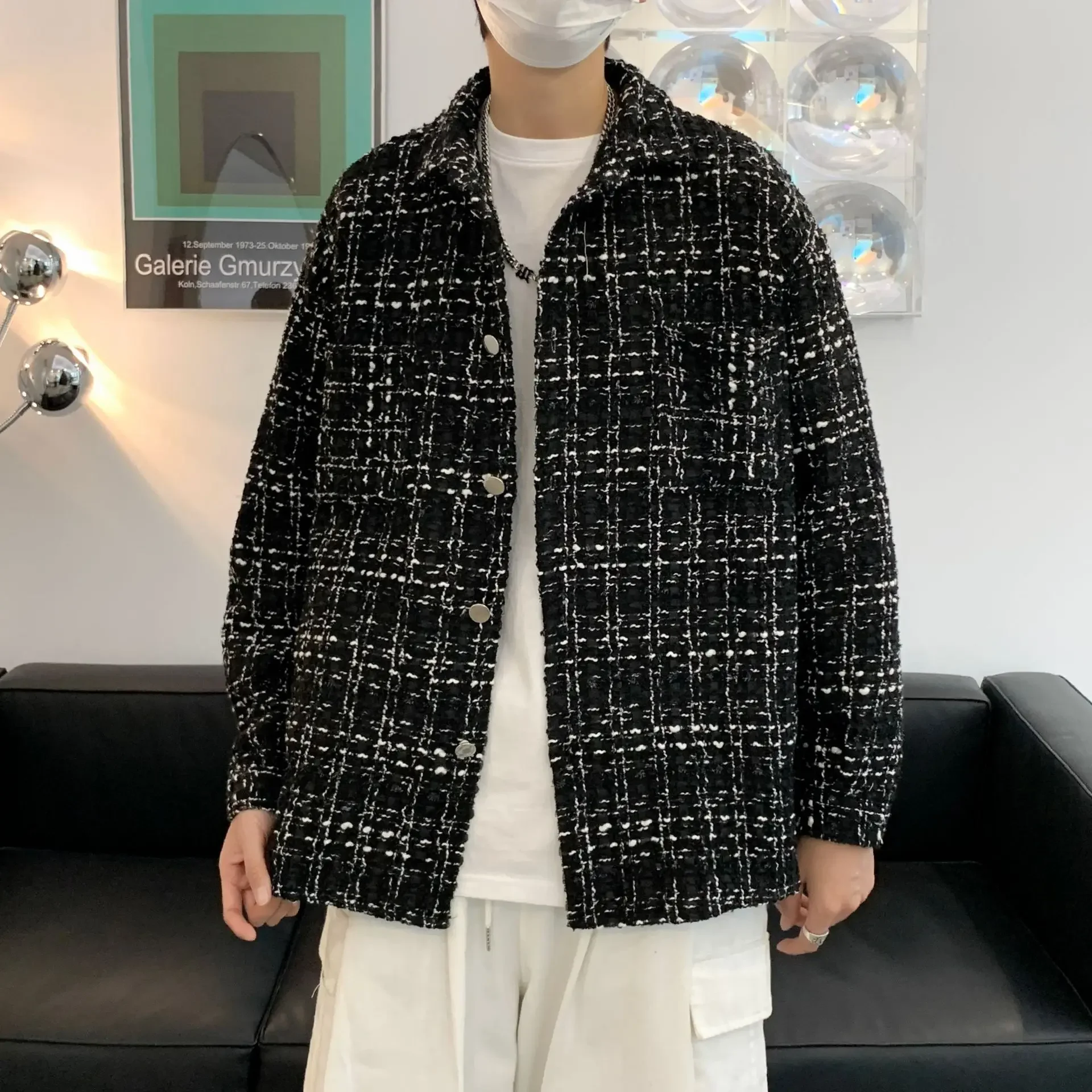 Весенняя твидовая мужская куртка в клетку с длинным рукавом свободная корейская