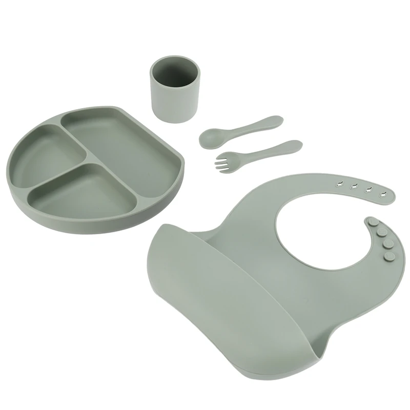 

5 Piece Baby Feeding Set - Silicone Baby Bib, Suction Divided Plate, Dinnerware Cup, Soft Baby Spoon & Fork