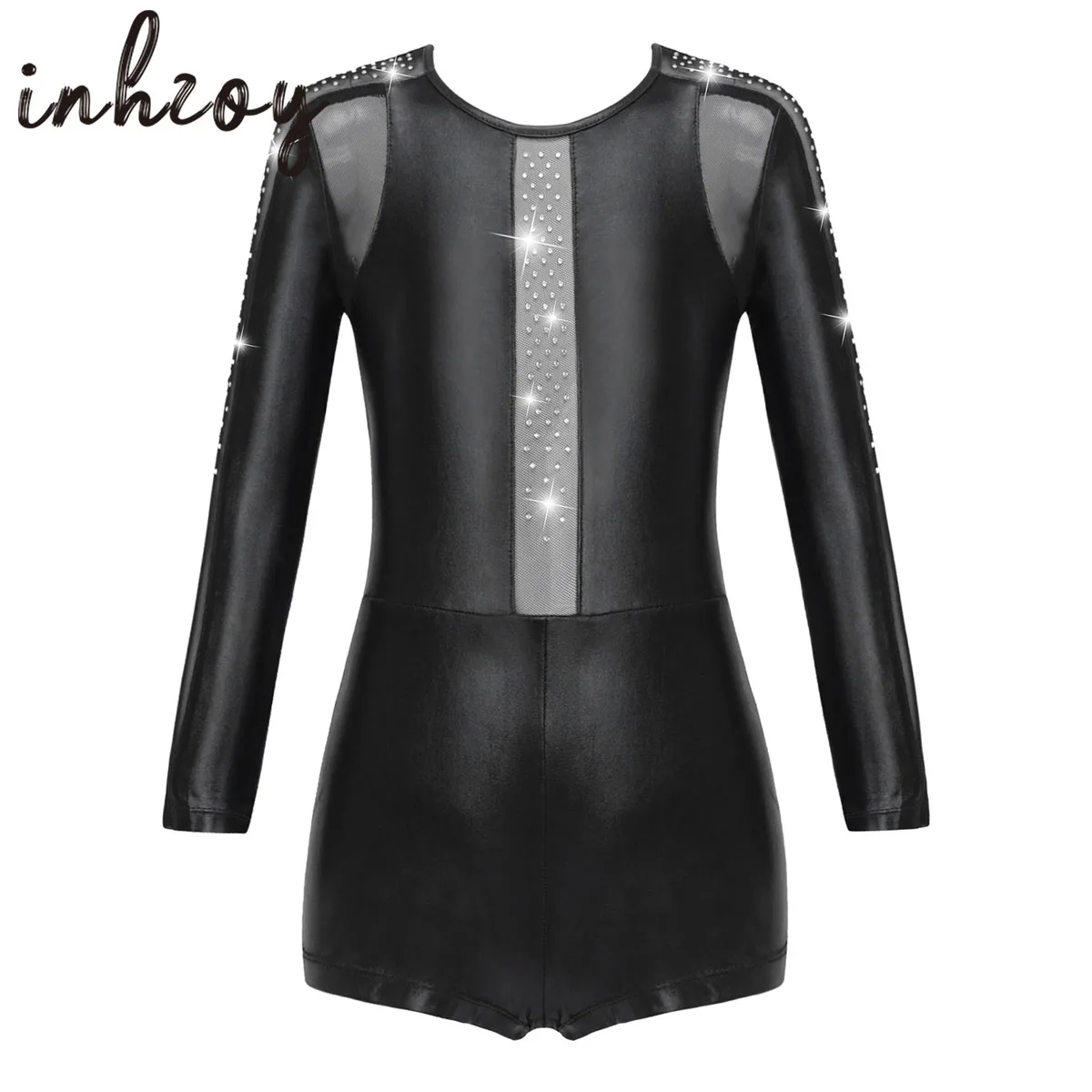 

Kids Girls Gymnastics Leotards Long Sleeves Rhinestones Mesh Ballet Unitard Athletic Outfits Dance Practice Jumpsuit Bodysuit