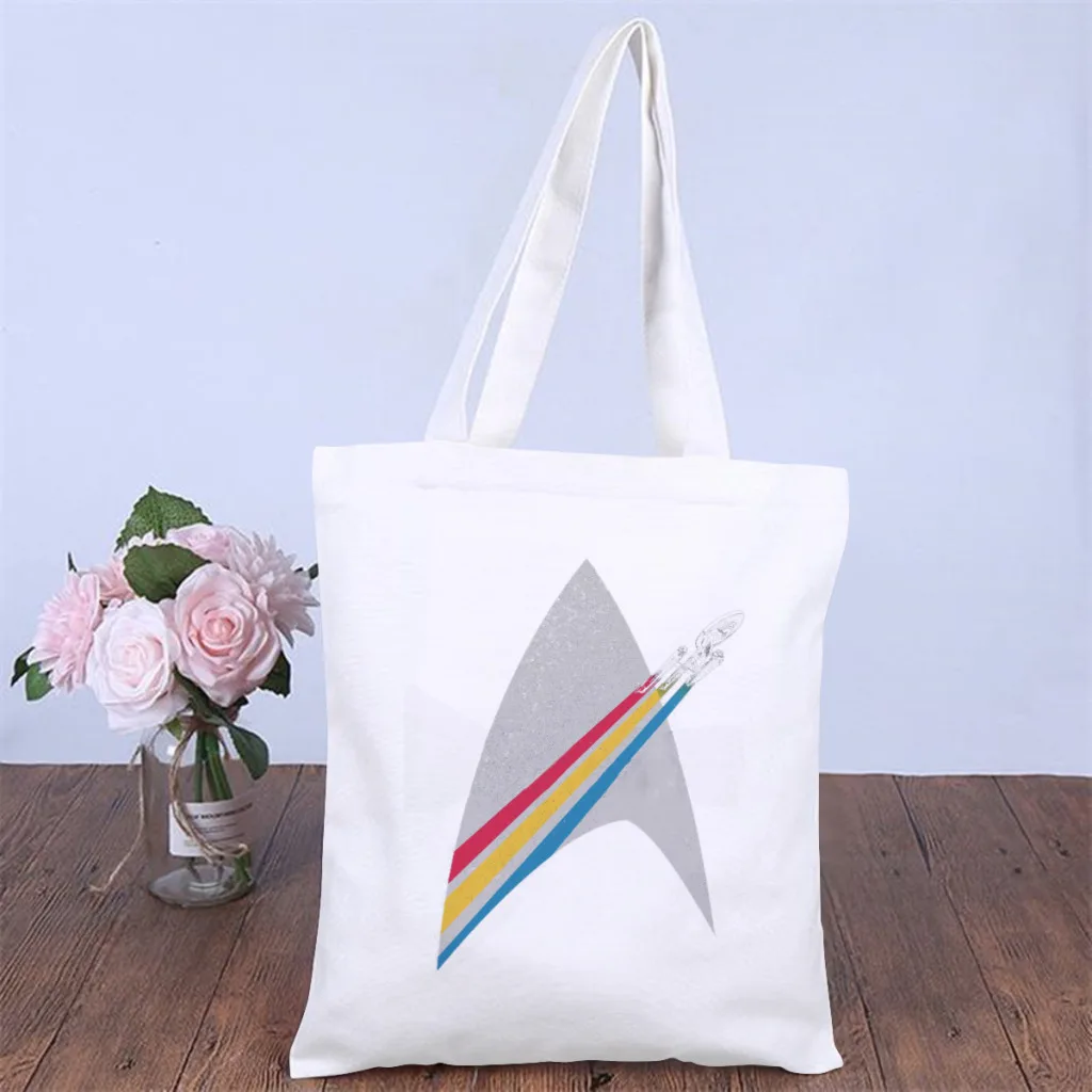 

Retro StripedHandbag Star Trek Science TV Shoulder Canvas Bag Adults Storage Pocket Double Print Shopper HandBag Kawaii Tote Bag