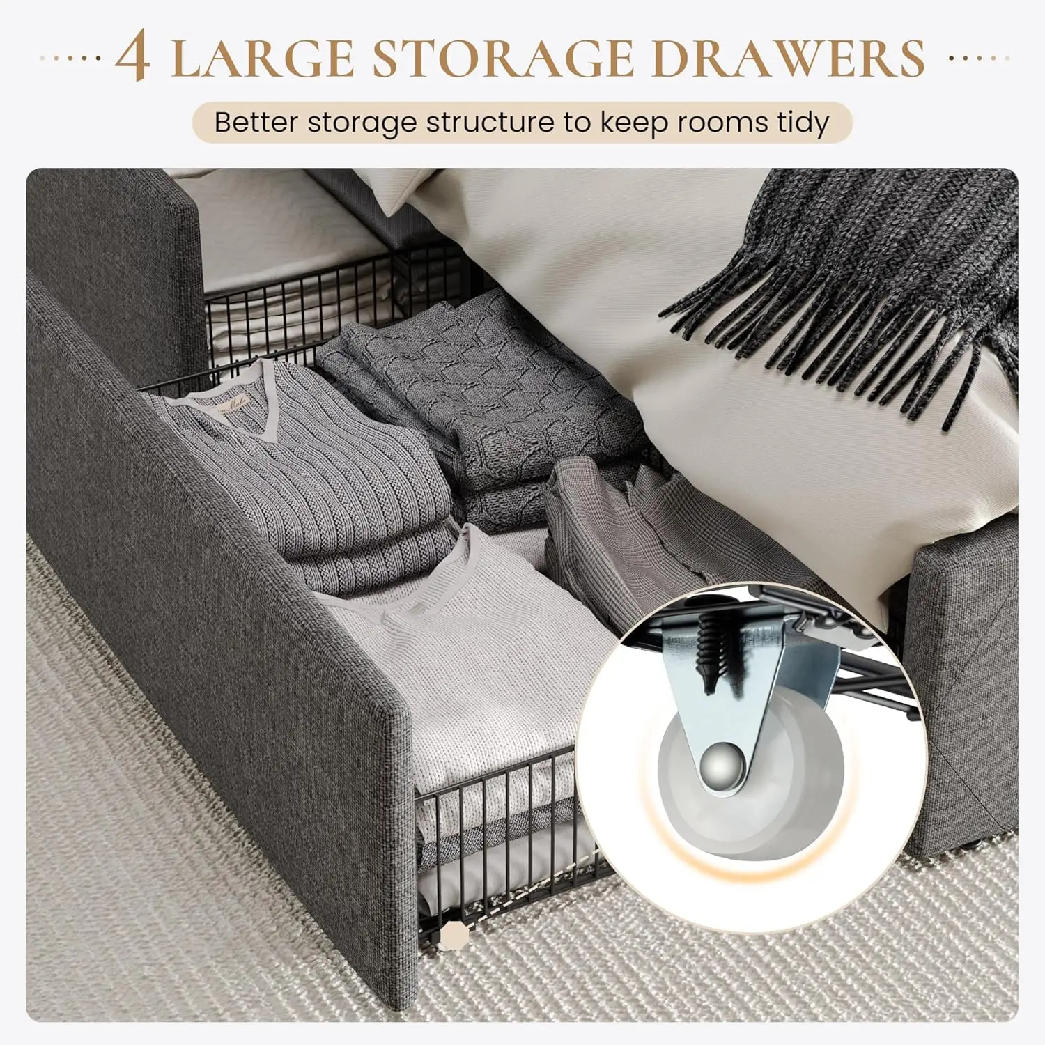 Мягкий каркас кровати размера queen-size на платформе с 4 ящиками для хранения и