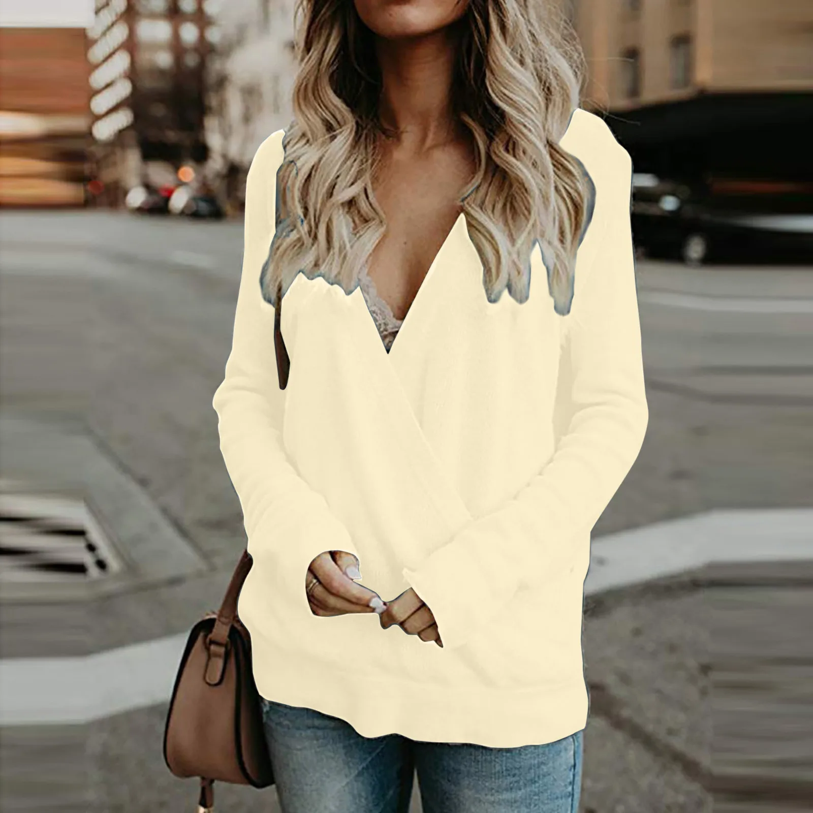 

Autumn Women's Knitted Pullover Sweater Deep V Neck Long Sleeve Wrap Front Tops Female Winter Solid Color Casual Pullovers