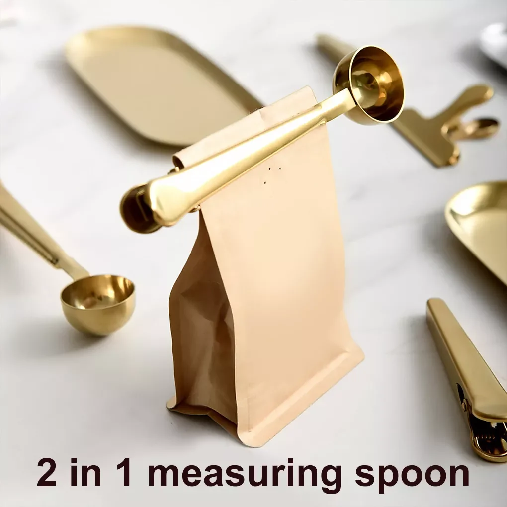 

2023New Sale 1PC 2 In 1 Long Handle Stainless Steel Coffee Spoon Sealing Clip Kitchen Tea Food Bag Sealer Scoop Clip Measuring T