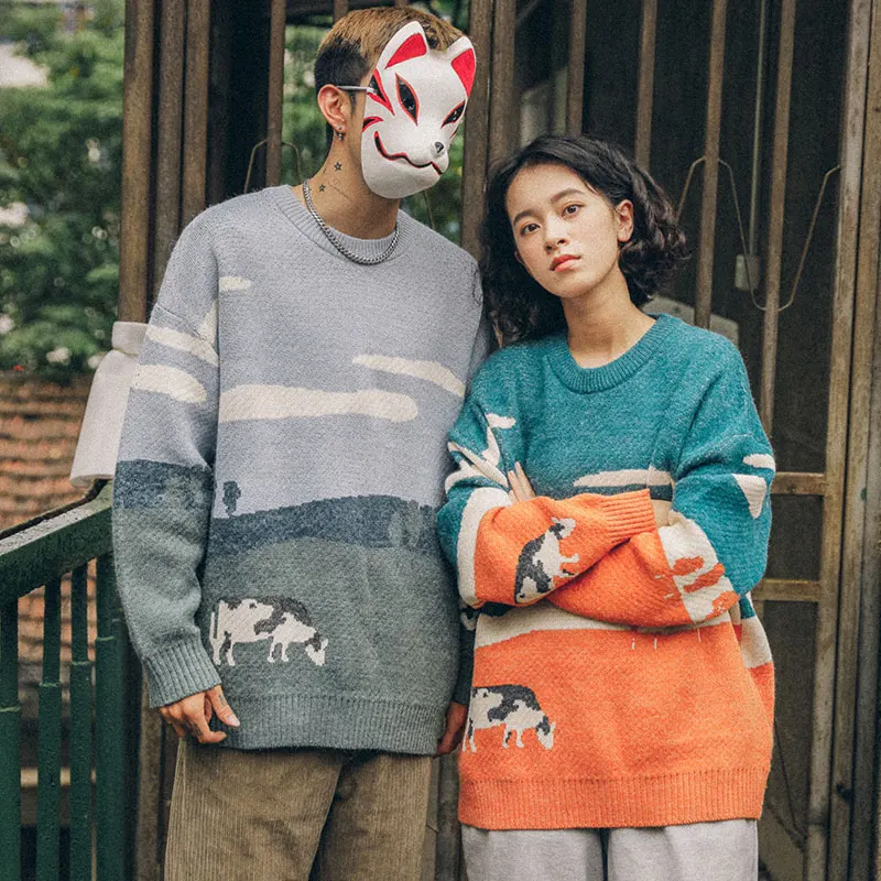 2022 Autumn Winter Men Vintage Cows Couple Sweaters Pullover Mens O-Neck Korean Fashions Sweater Women Casual Harajuku Clothes