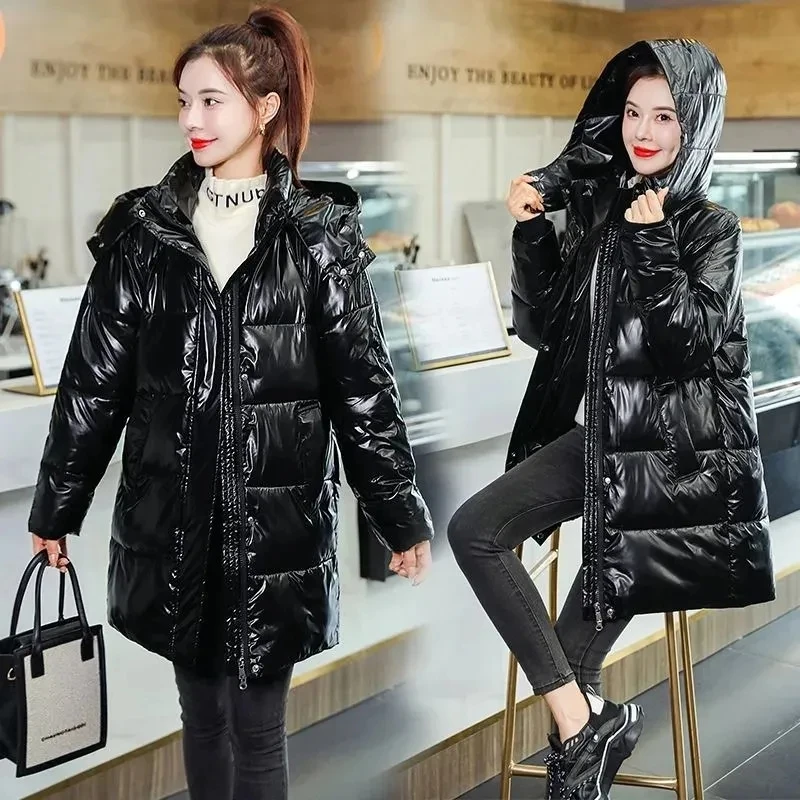 

2023 New Cotton Coat Womens Glossy Loose Thick Large Size Winter Coat Female Korean Casual All-match Hooded Warm Parkas