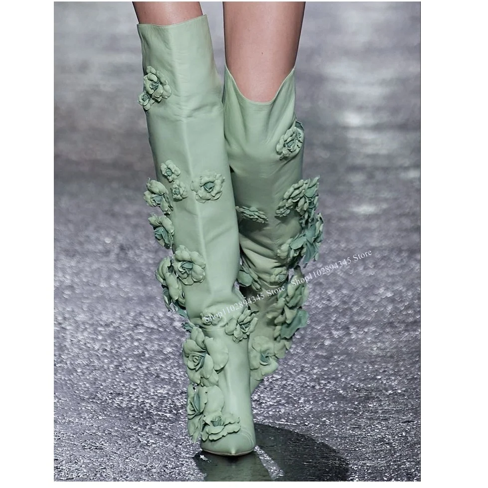 Green Flower Over Knee High Boots Thin Heel Pointed Toe Fashion Sexy 2024 Winter Big Size Woman Shoes Zapatillas Mujer