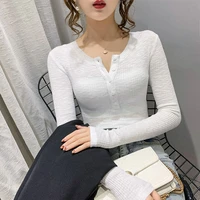 t shirt women 2021 white soft cotton long sleeve button o neck slim basic casual korean autumn new woman tops mujer camisetas