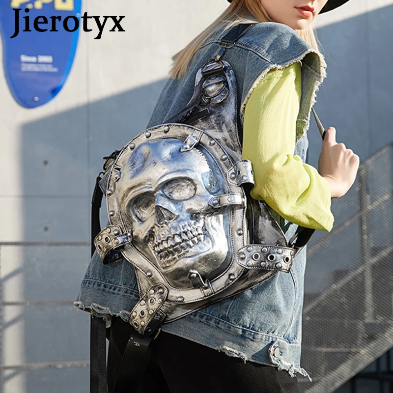 Фото Рюкзак JIEROTYX с 3D стерео черепом, рюкзак из ПУ кожи, водонепроницаемый силиконовый рюкзак с рельефным изображением головы призрака, дорожные сумки для женщин с пряжкой №3