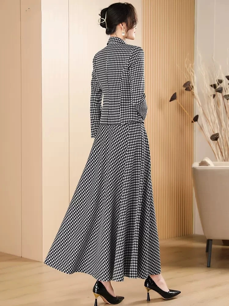 Women Plaid Grey Long Sleeve Short Blazers and High Waist Long Midi Skirt Vintage Houndstooth 2 Piece Sets Female Elegant Suit
