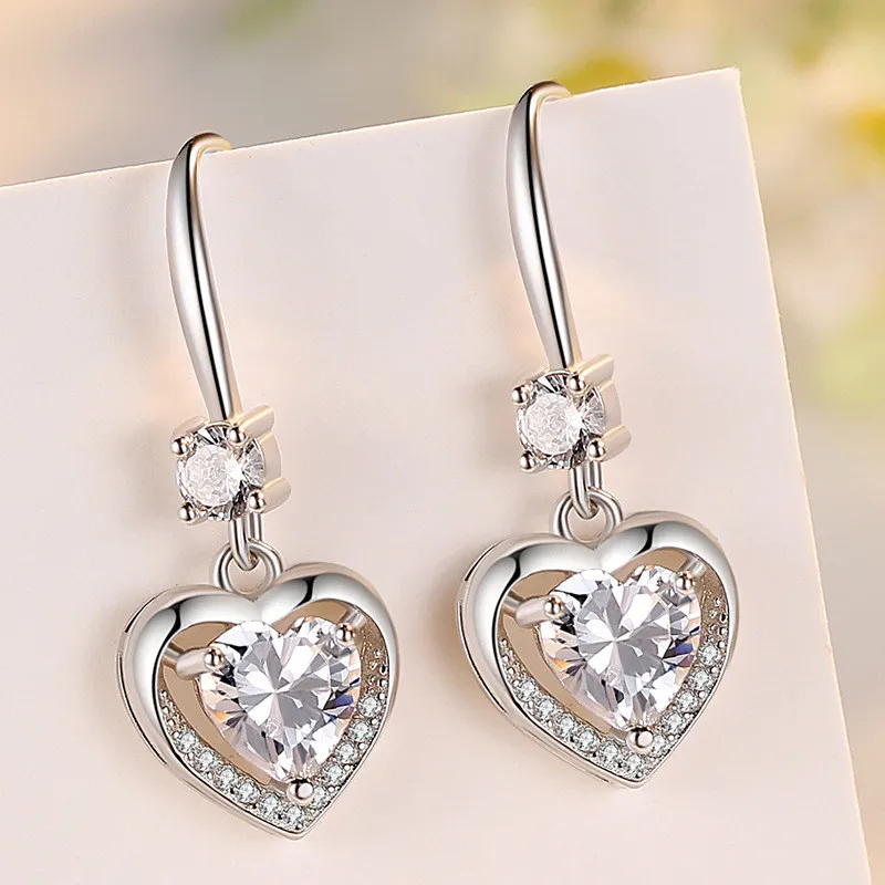 

Double Heart White Zirkoon Dangle Hoop Earring For Women Silver Heart Crystal Dangle Earrings Marriage Gift Koperen Sieraden