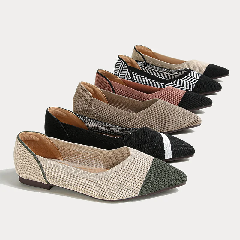 Балетки женские на плоской подошве дышащие вязаные заостренные Мокасины мягкие