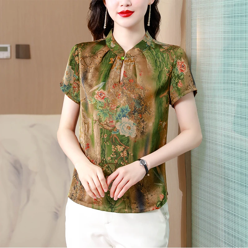 

2023 Summer New Elegant Women's Short Sleeve Loose Retro Printed Blouse Fashion V-neck Clothing Short Sleeve Pullover T292