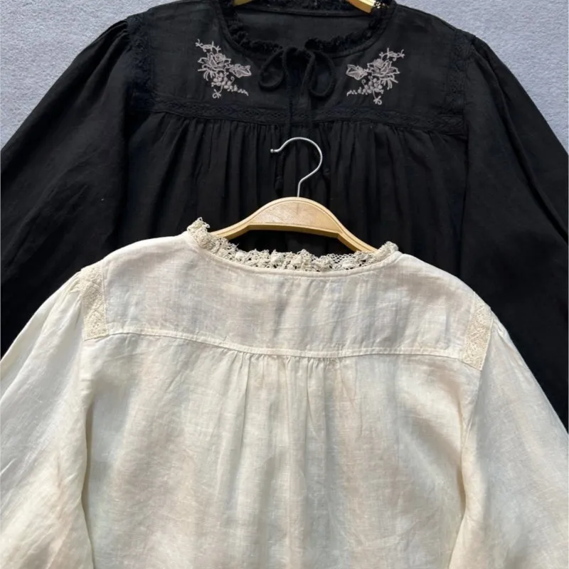 Женская льняная блузка на шнуровке Johnature Повседневная Свободная Простая рубашка