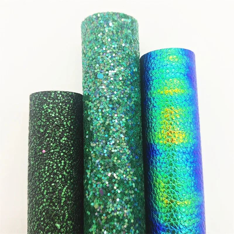 3PCS/SET Green Chunky Glitter Vinyl Fabric Matching with Iridescent Litchi Faux Leather For Bows Earrings DIY 21X29CM Q033