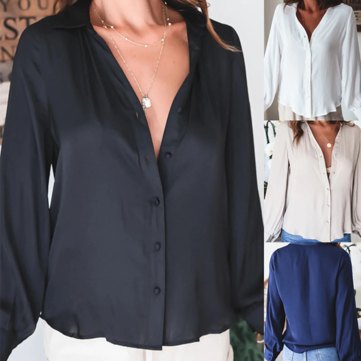 

New Women's Solid V-Neck Button Long Sleeve Casual Women's T-Shirt Top