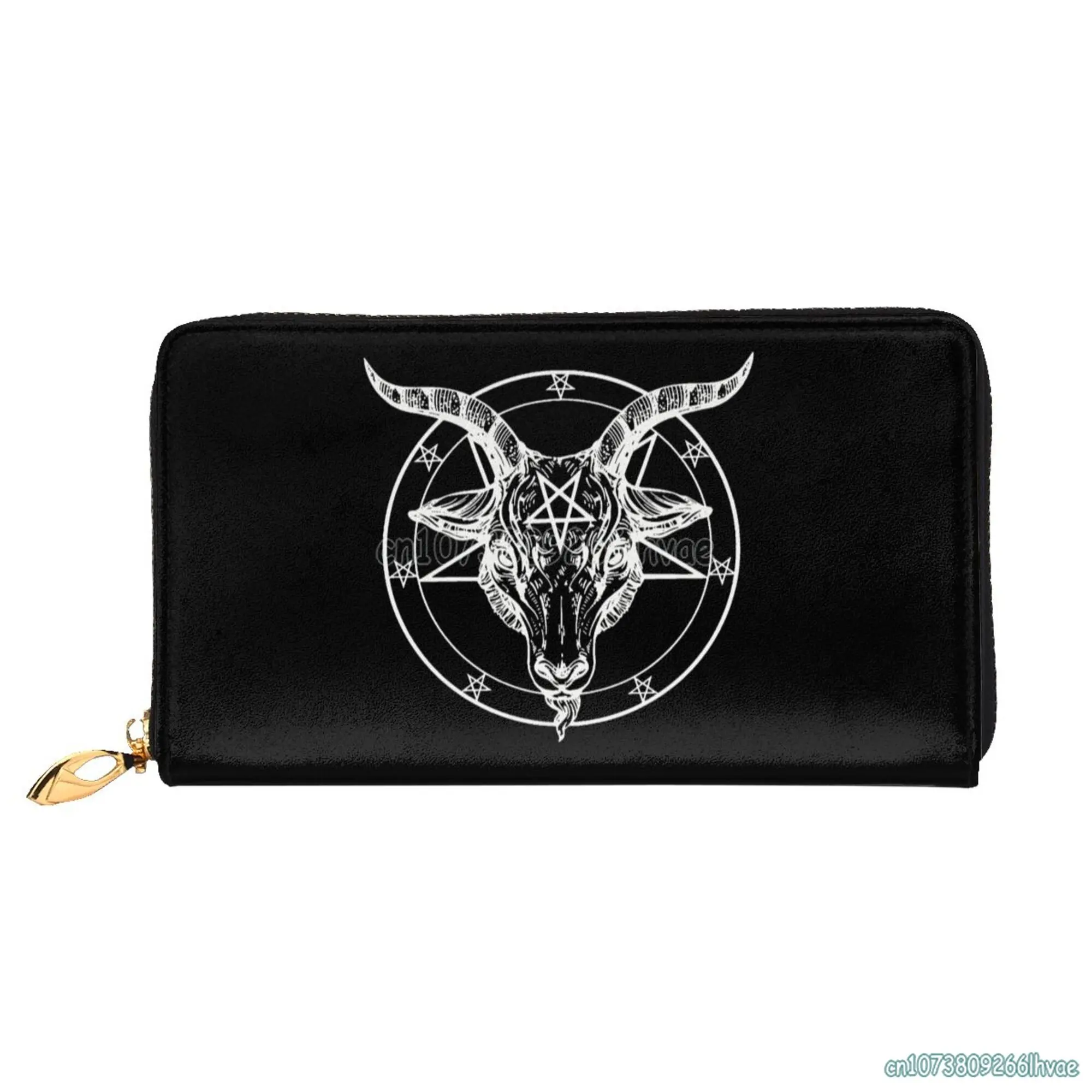 Pentagram with Demon Baphomet Satanic Goat Head Cowhide Leather Clutch Print Long Wallet Women Coin Purse Card Holder with Zip