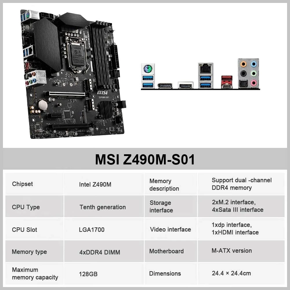 Материнская плата MSI Z490M-S01 LGA 1200 DDR4 Intel Z490 128 ГБ USB3.2 SATA 3 Micro ATX для 10-го поколения PCI-E 0