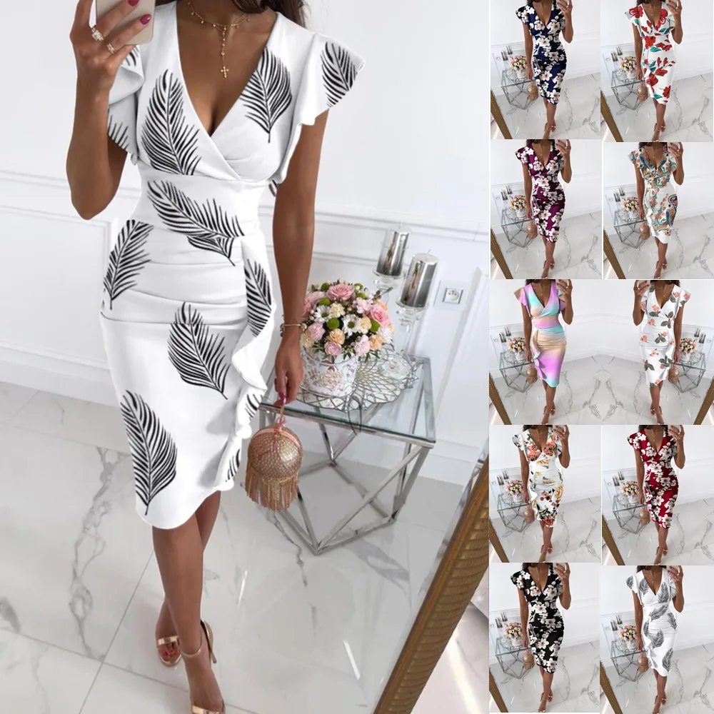 2022 Summer New Fashion Women's Clothing V-Neck Elegant Slim Print Pleated Ruffles Package Hip Female Dress Vestidos De Fiesta