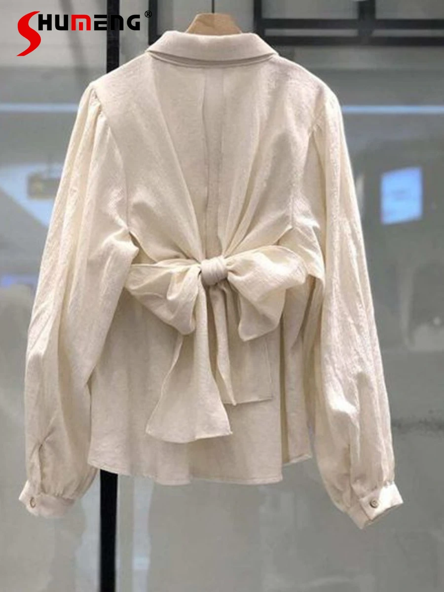 

Женская блузка с бантом на спине, однотонная элегантная Свободная блузка с длинным рукавом, в Корейском стиле, для ранней осени, 2022