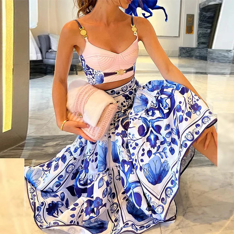 

Elegant High Waist Long Skirts Suit Sexy Bra Tops Women Two Piece Outfits Set 2023 Club Party Print Commute Loose Lady Sets