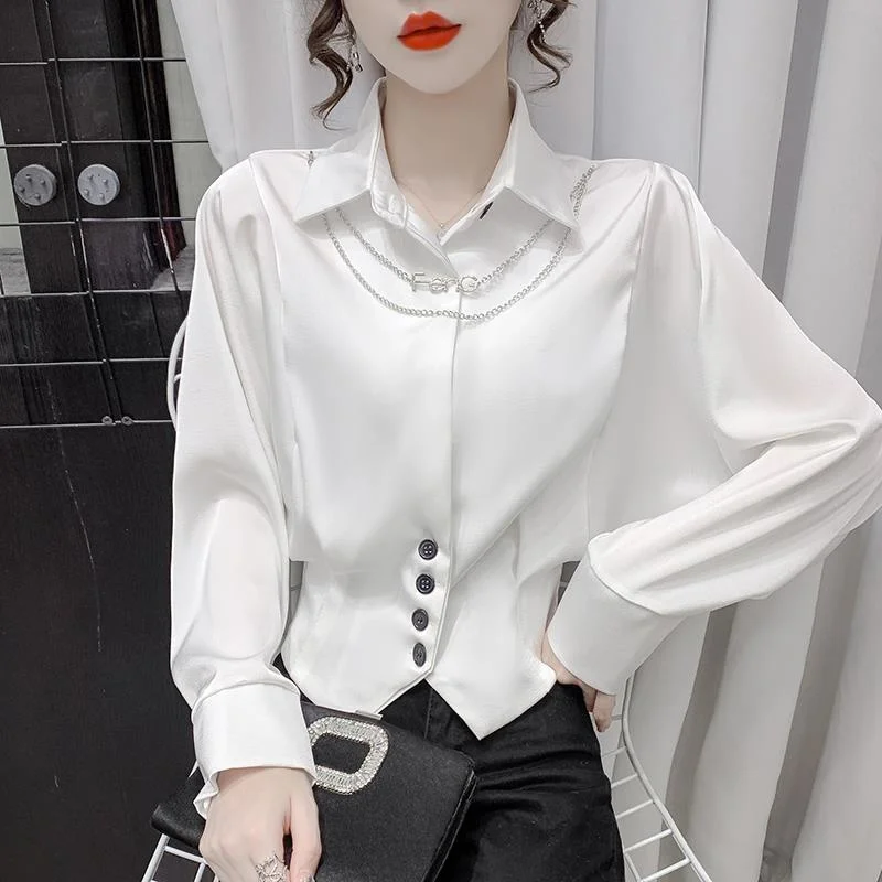 

Chiffon Lolita Shirt Women's 2022 New Style Chain Splicing Polo Collar Temperament Versatile Short Slim Fashion Tops Korean