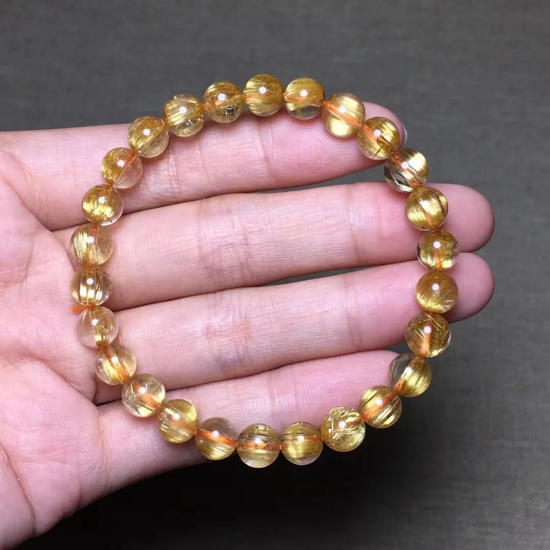 

7mm Natural Gold Rutilated Quartz Bracelet For Women Men Beauty Wealth Gift Crystal Beads Gemstone Strands Jewelry AAAAA