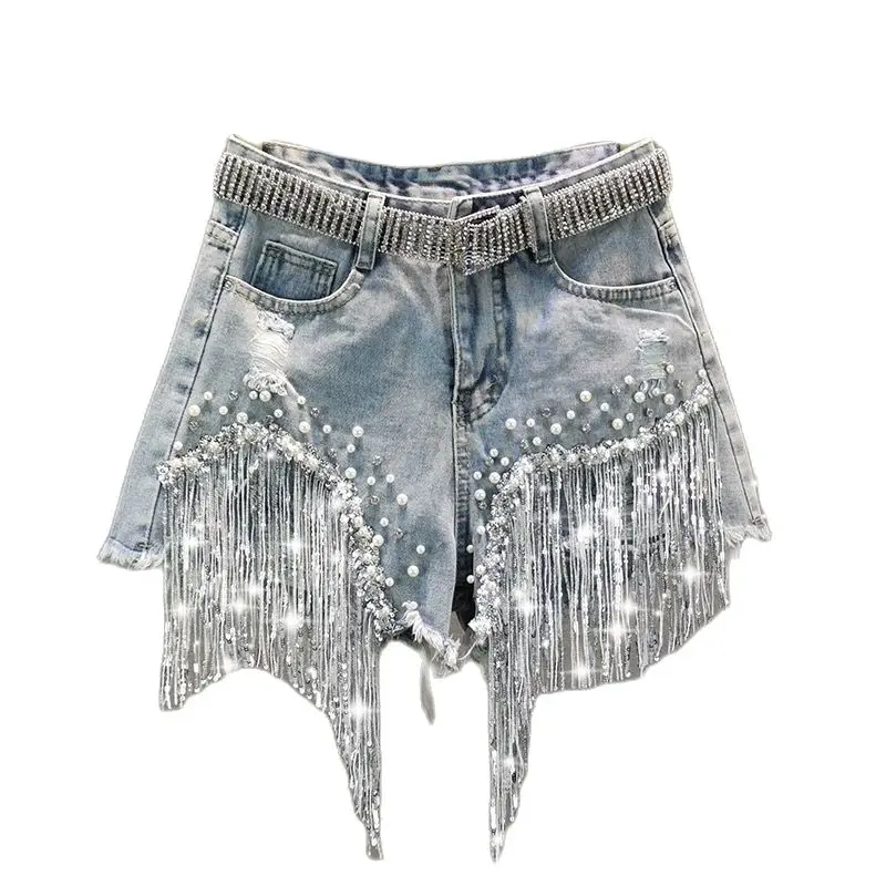 

2021 Women Spring Summer New Elegant Shorts Lady Tassel Beading High Waist Wide Leg Denim Shorts Female Casual Solid Shorts