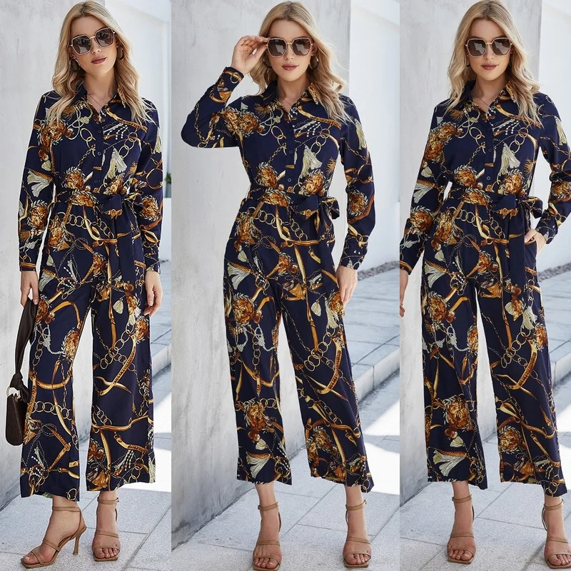 Autumn Winter New Women's Wide Leg Pants Printed Shirt Overalls Up and Down Wears for Ladies Clothes 2022 Jumpsuits Harajuku