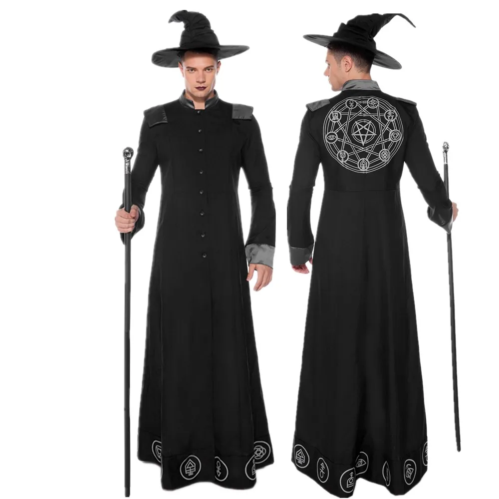 

Adult Magic Wizard Sorcerer Warlock Costume Magician Cosplay for Men Halloween Purim Party Costumes Fancy Dress Black