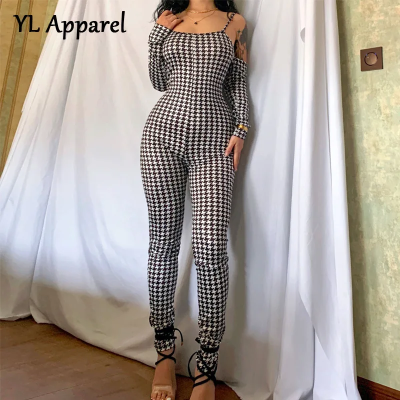 

Elegant Black White Houndstooth Print Slim Tunics Backless Jumpsuit Women 2022 Spaghetti Strap High Street Overalls Bodysuit