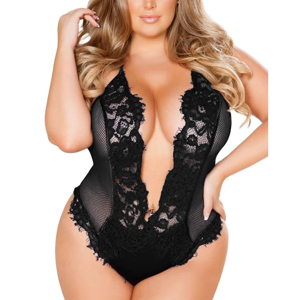

Sexy Plus Size Exotic Apparel Femme Backless Lace Halter Bodysuit Deep V Neck Babydoll See Through Underwear Nightwear Women