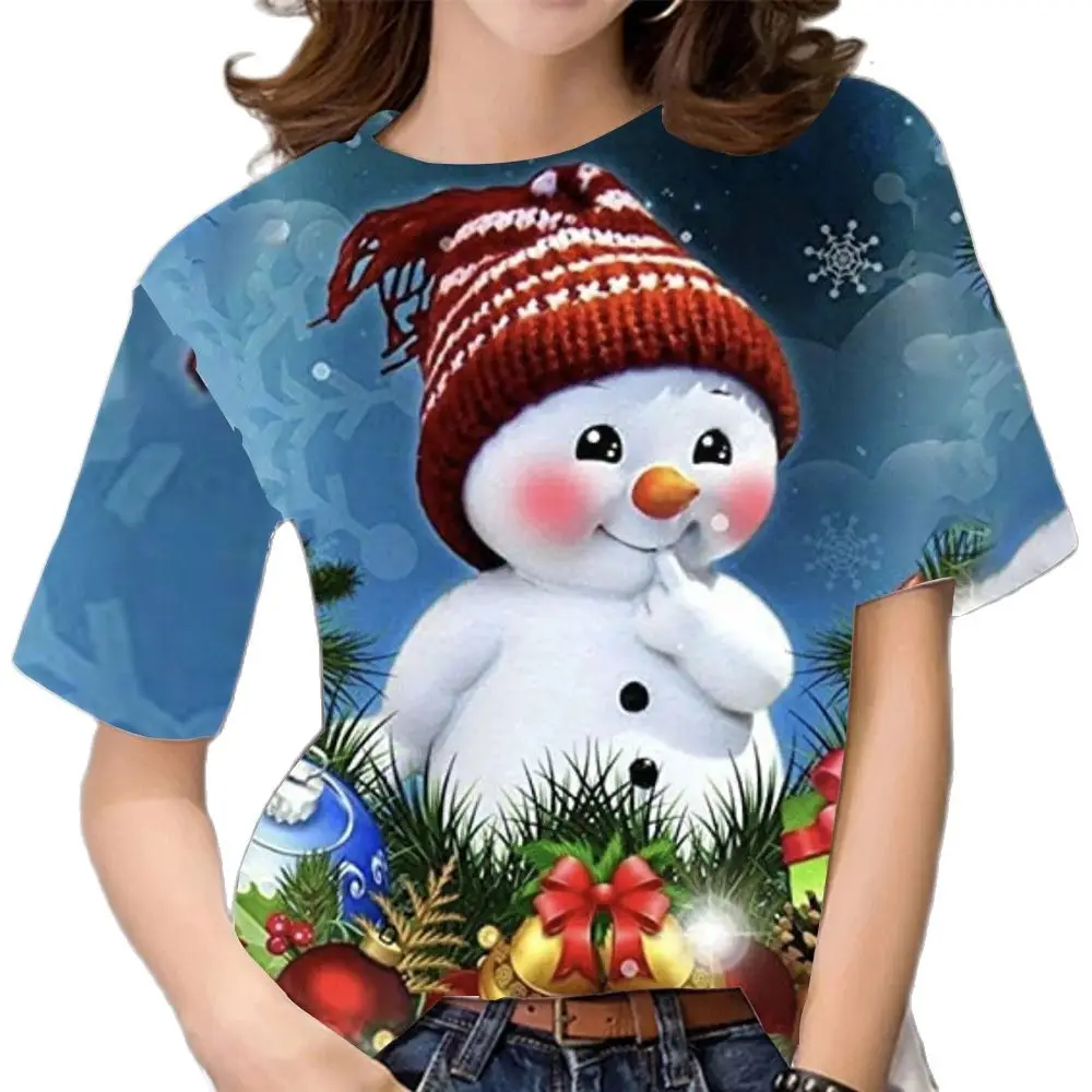 2022 Women Christmas T Shirt 3d Crew Neck Girls Short Sleeve Tops Korea Fashion Ladies Xmas T-shirts Oversized Womens Clothing