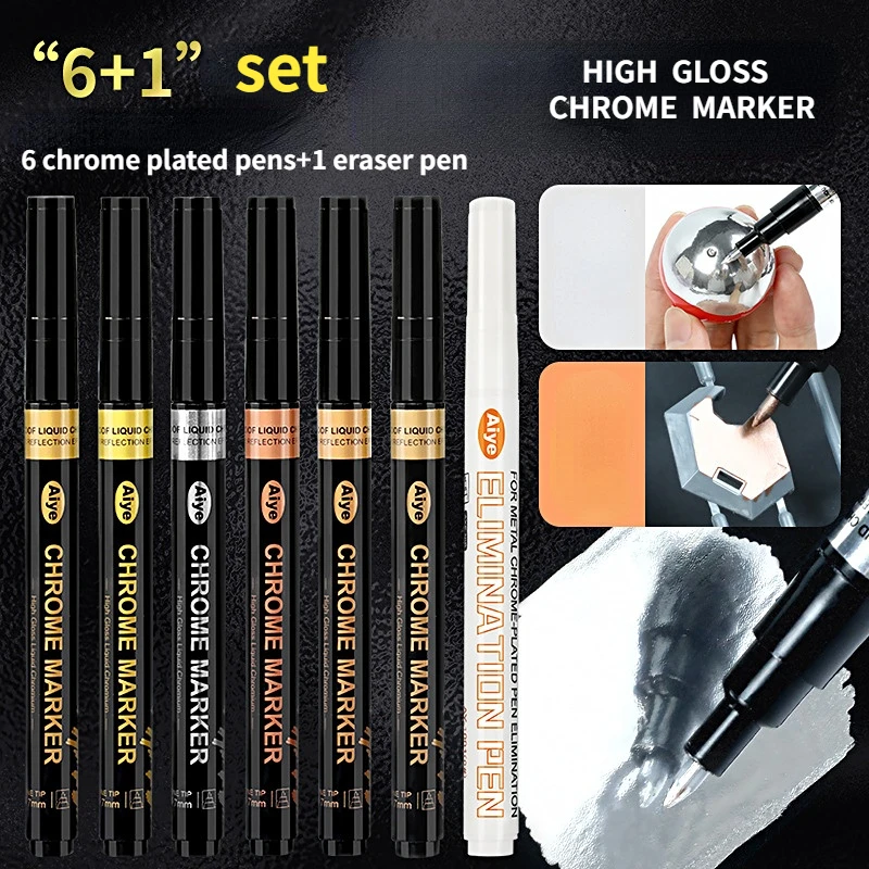 

New 6+1 Set Metal Chrome Plated Marker, Rose Gold Touch Up Paint Pen, DIY Highlight Liquid Signature Mirror Pen