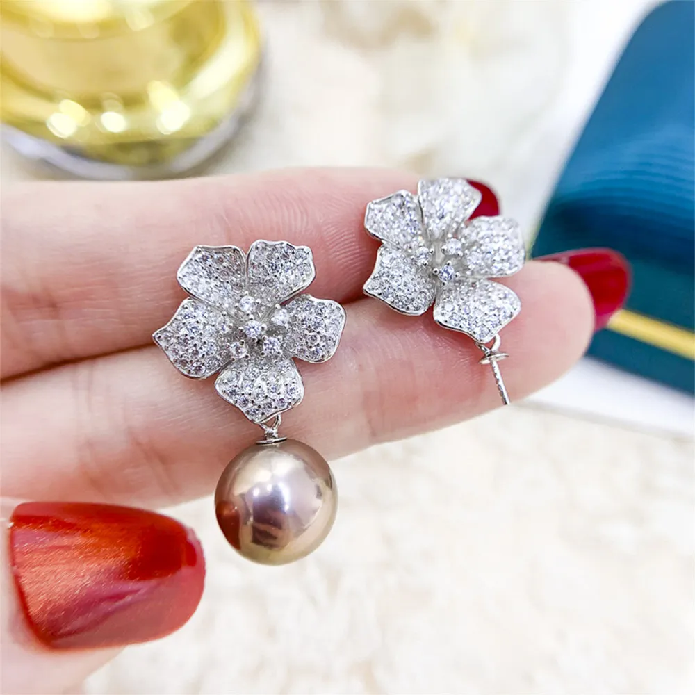 

DIY pearl earrings accessories S925 sterling silver jewelry flower holder earrings female empty holder Fit 9-12mm beads