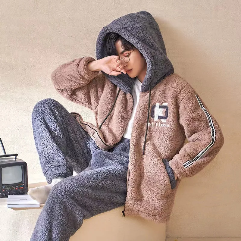 New Winter Pajamas Sets Men Thicken Flannel Pyjamas Hooded 2 Piece/Set Loungewear Home Clothes 2022 New Warm Homewear Pijama