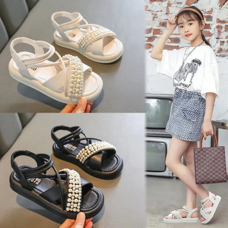

Сандалии для маленьких девочек, летняя декоративная обувь принцессы с жемчугом, новинка 2022, детская модная пляжная обувь с мягкой подошвой ...