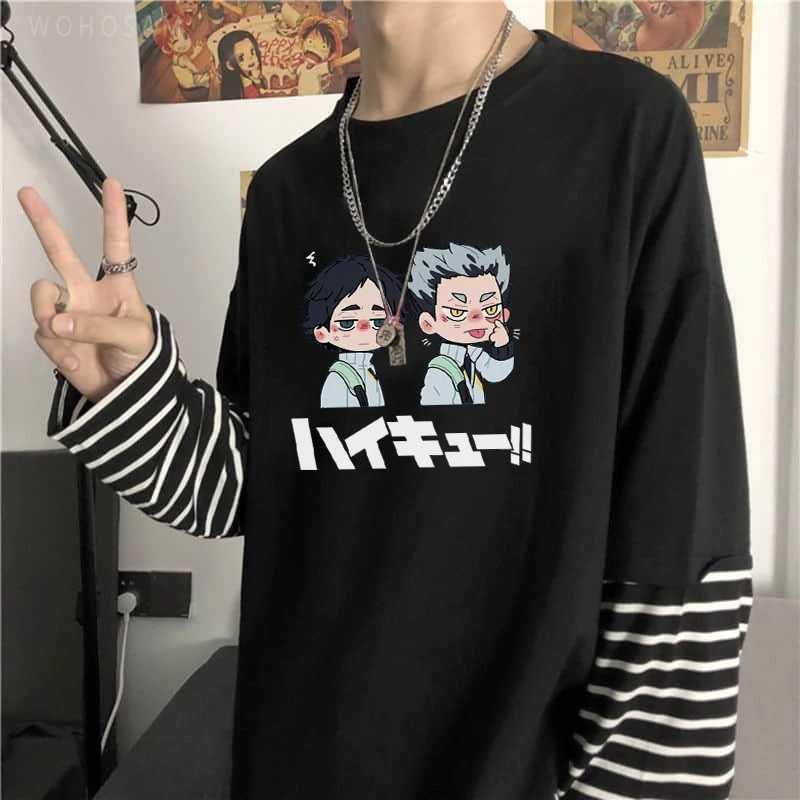 

Harajuku Japan Anime Kawii Kotaro Bokuto Akaashi Keiji Haikyuu Fake Two Pieces T-Shirts Fashion Summer Long Sleeve Women T Shirt
