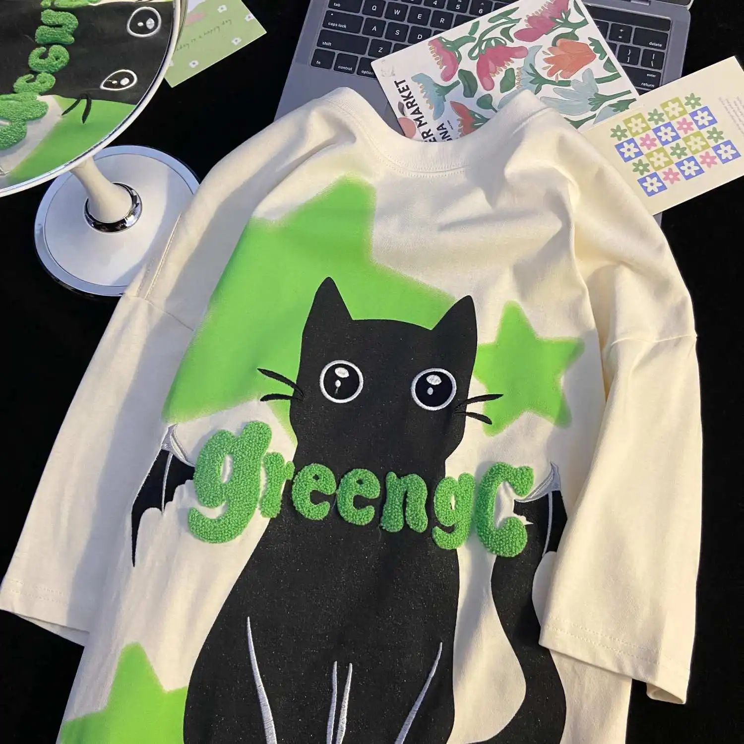 

Summer American street cat print short-sleeved men and women niche couple outfit retro Harajuku style loose half-sleeved top