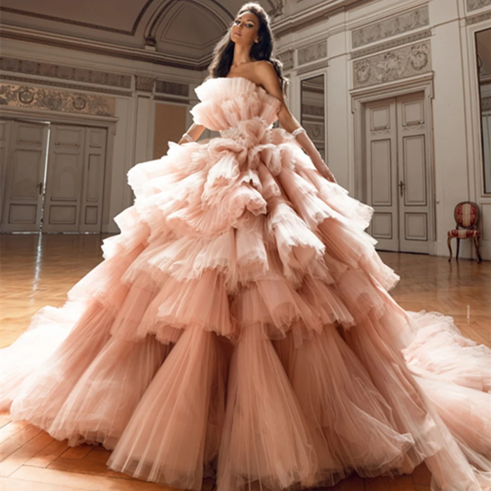 

Charming Puffy Evening Dresses Luxury Sleeveless Ruffles Tiered Tulle Ball Gown Women Wedding Party Prom Gowns Custom Made