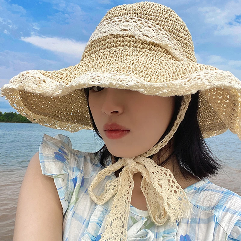 

Summer Women's Straw Openwork Lace Sun Hat Soft and Foldable Summer Travel Wide-brimmed Hat Elegant Holiday Beach Hat