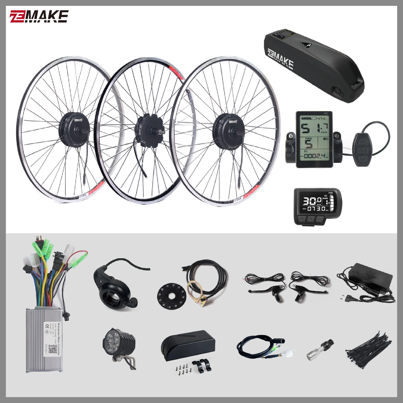Ebike Motor Kit Battery Wheel High Speed Brushless Gear Hub 36V 48V 20AH 350W 500W Electric Bike Conversion Front FreewheeZEMAKE