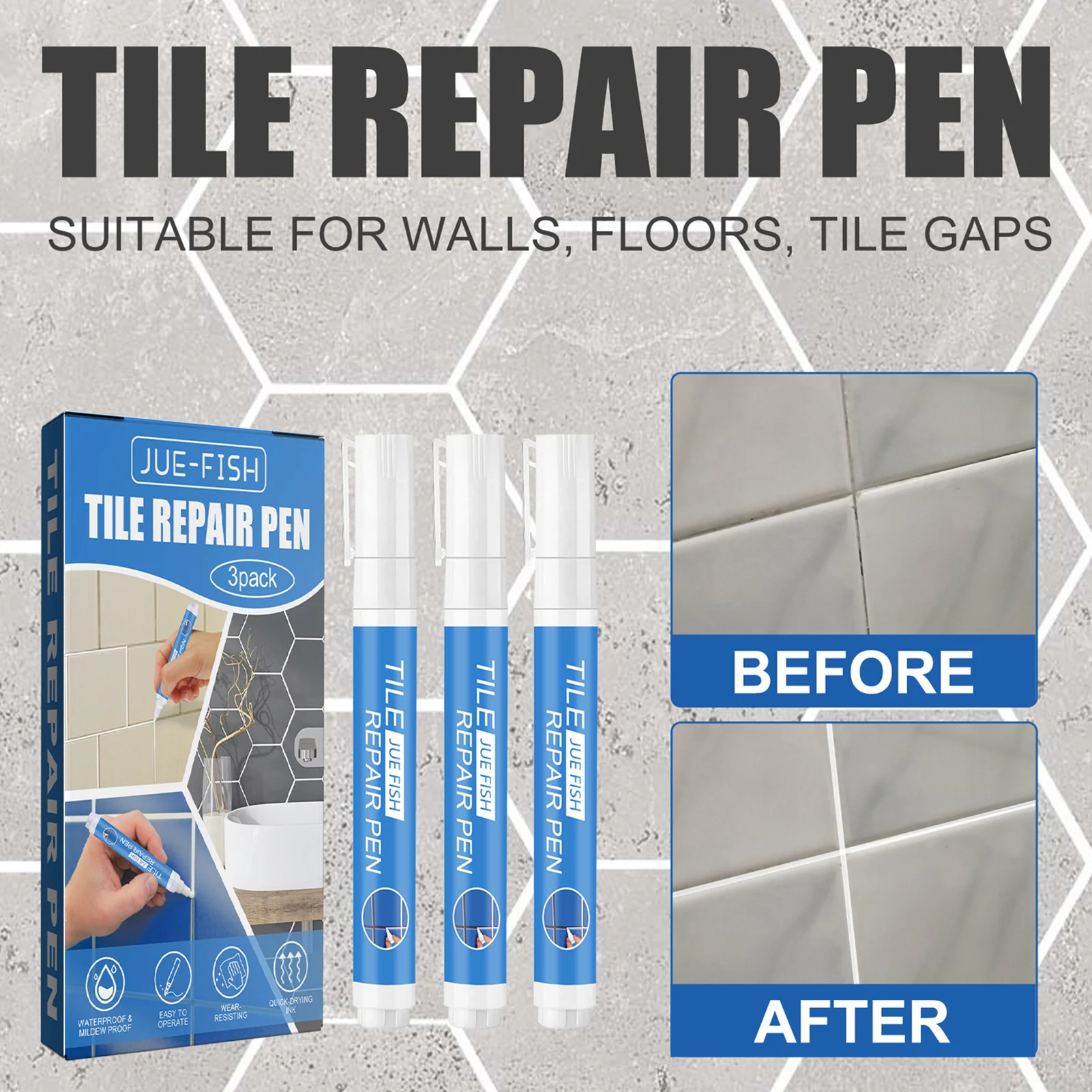 

3pcs Tile Grout Pen Waterproof Tile Marker Repair Wall Pen White Grout Marker Tiles Floor Tyre Car Repair Painting Mark Pen