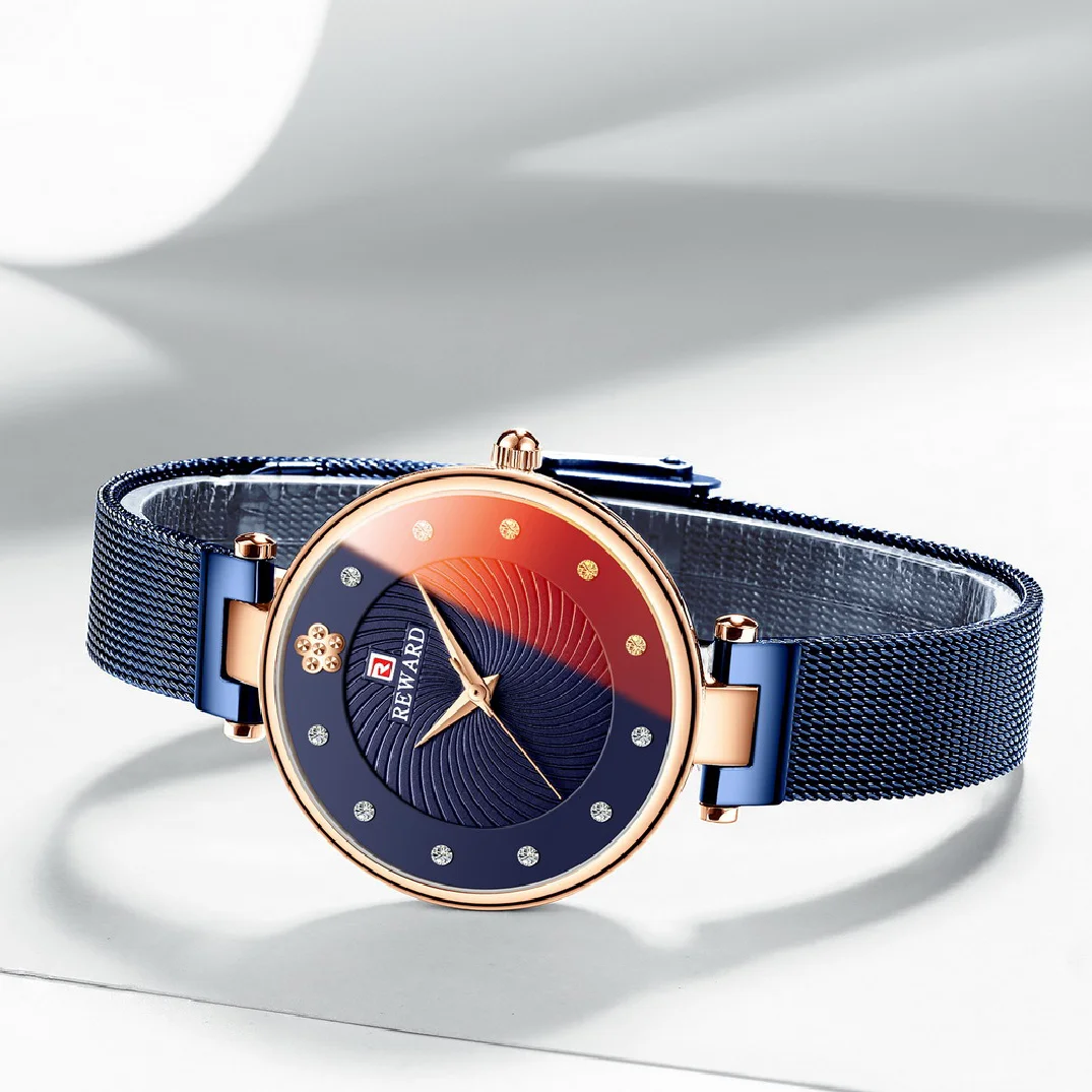 REWARD Luxury Ultra-thin Womens Watches Fashion Color Glass Analog Quartz Watch Women Blue Mesh Casual Waterproof Wrist Watch enlarge