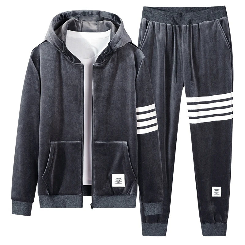 

New Men Hoodies Winter Causal Tracksuits Men 2 Pieces Sets Hooded Thicken Fleece Hoodies + Sweatpant Fitness Cardigian Jacket
