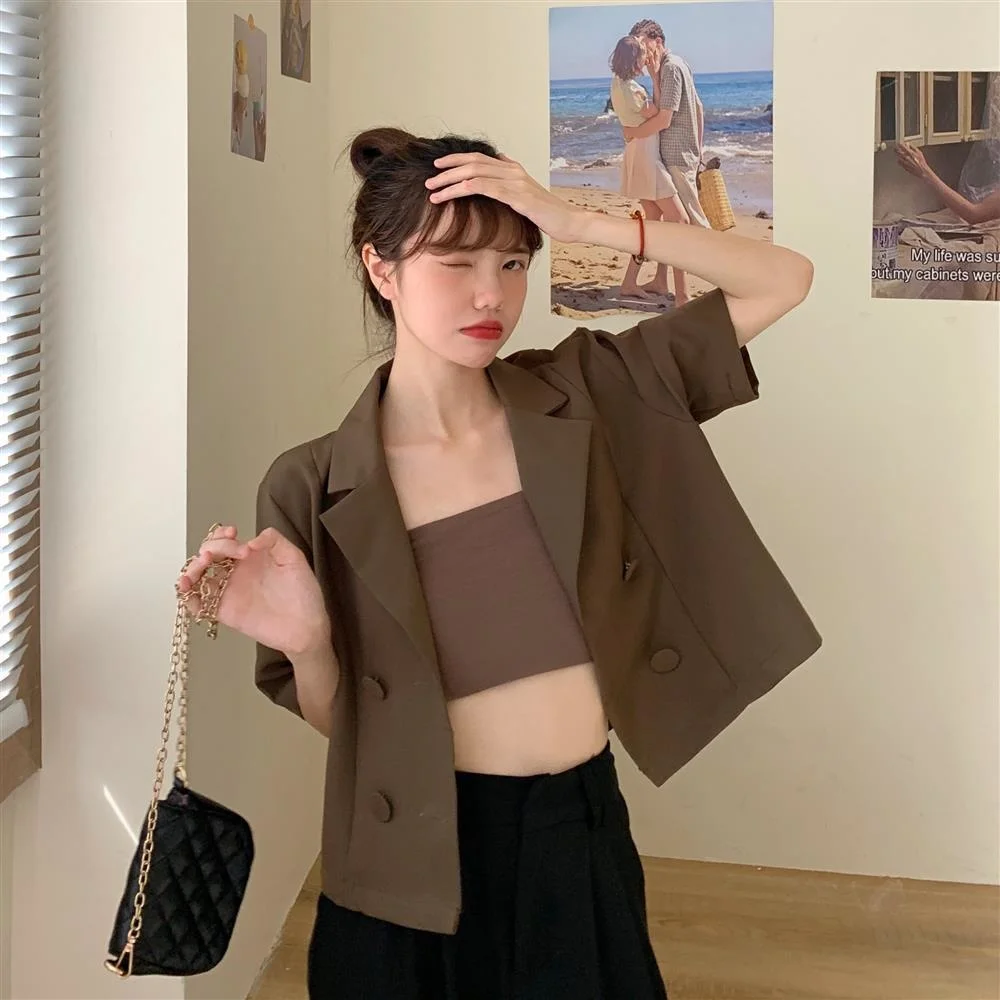 

Korean Short Black Suit Jacket Women Fashion Summer Streetwear Double Breasted Thin New Casual Suit Tops Casual