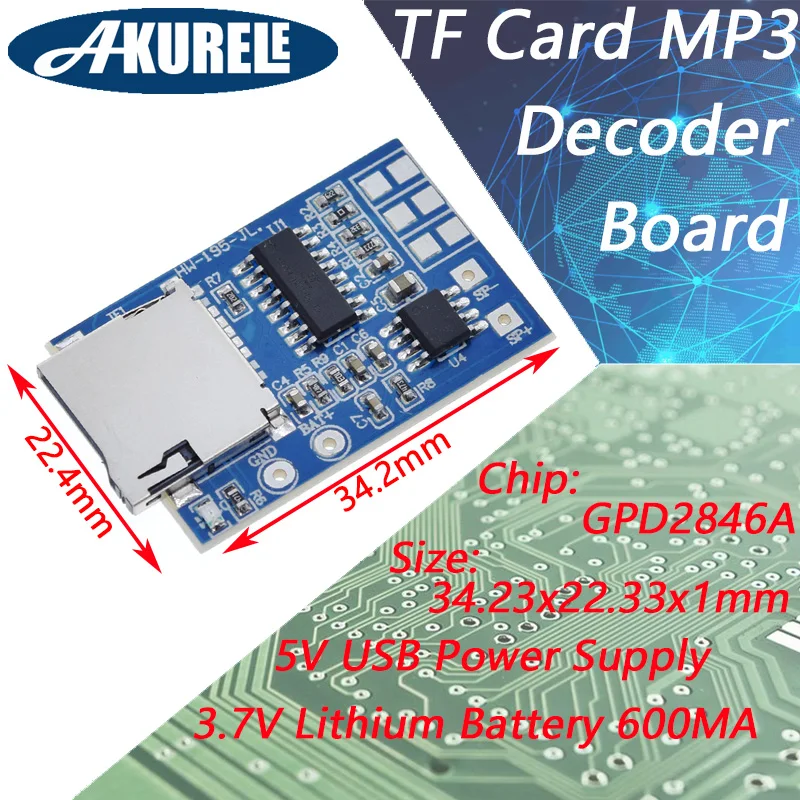GPD2846A TF Card MP3 Decoder Board 2W Amplifier Module for Arduino GM Power Supply Module Power Decoding 3.7-5V Mono Playback