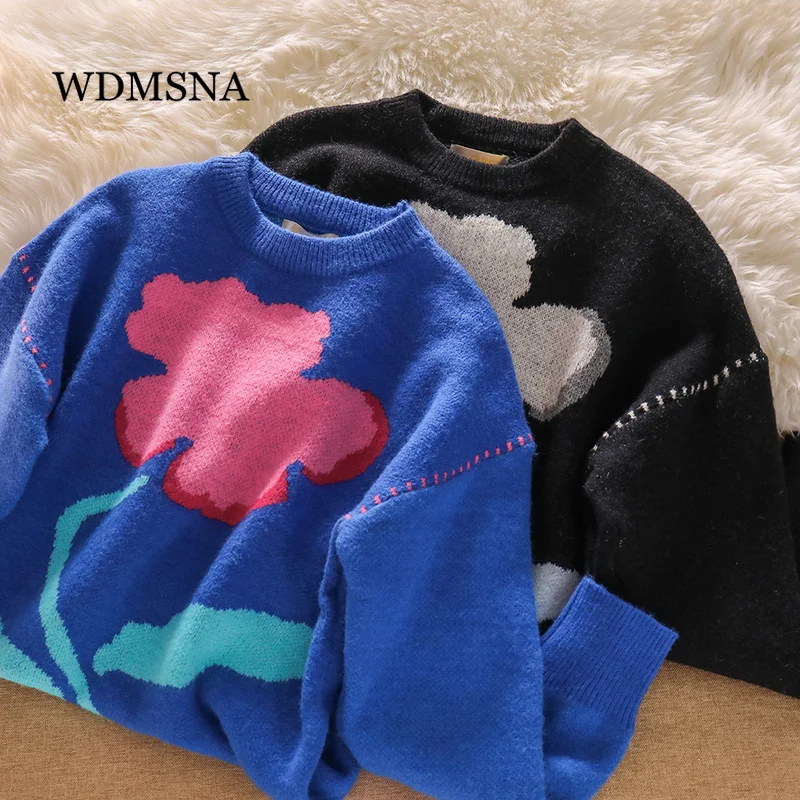 

WDMSNA Solid Color Vintage Jacquard Sweater Women Autumn and Winter Round Neck Pullover Loose Lazy Style Knitted Sweaters Top