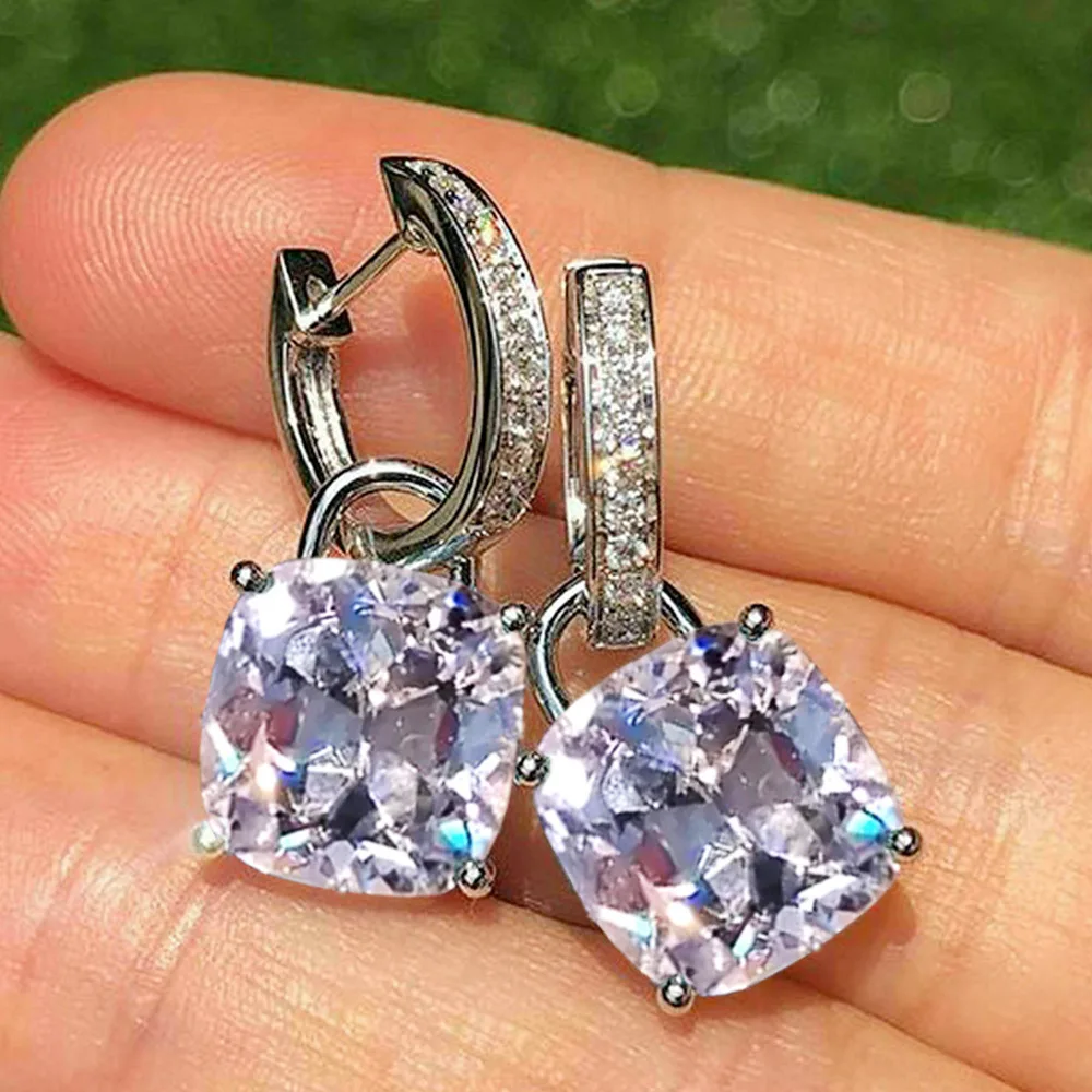 

New Stamp 925 Silver Needle Luxury 4 Claws Big Crystal Square Hoop Earrings for Women Trendy Cubic Zirconia Jewelry Girl Gift