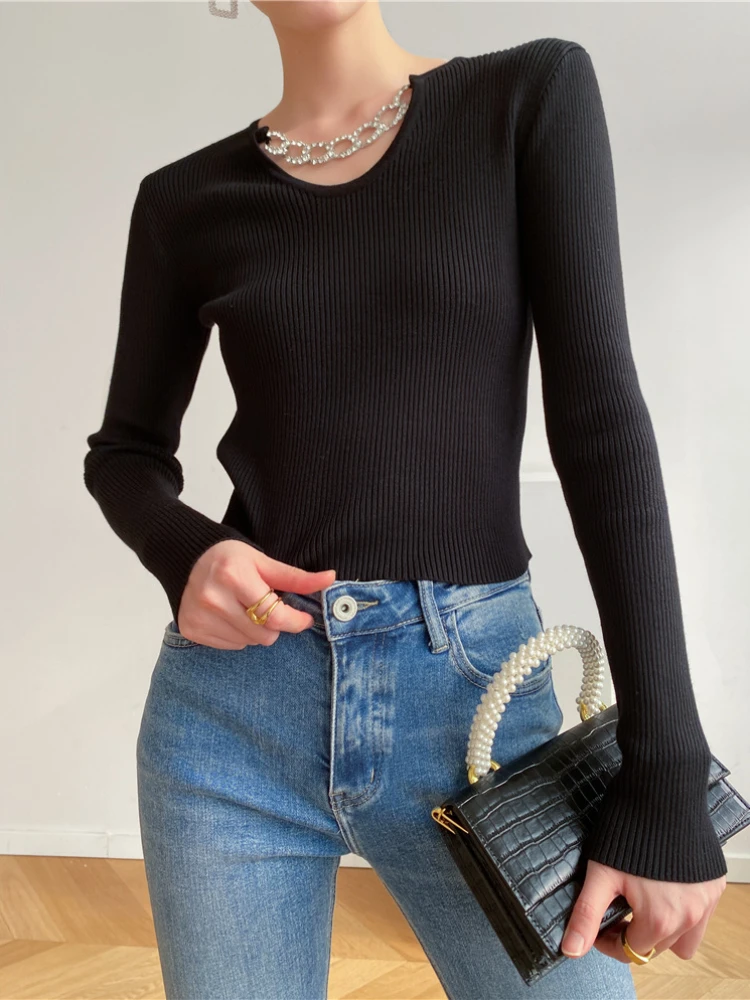 

Autumn New U-neck Collar Collarbone Chain Decoration Knitted Women Tops Slim Stretch Casual Basics Black Bottoming Shirt